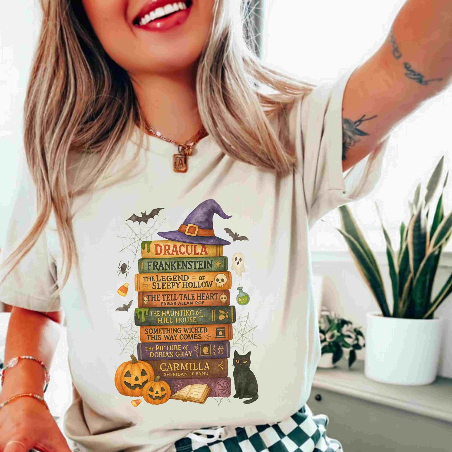 Retro Spooky Book Stack T-Shirt